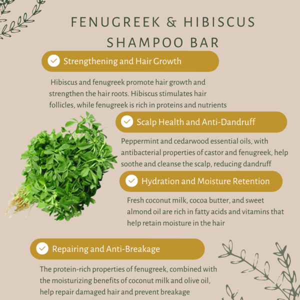 Fenugreek & Hibiscus Shampoo Bar | For Damaged and Dry Hairs | Hibiscus | Fenugreek | Cocoa Butter | Fresh Coconut Milk | Sweet Almond Oil | Extra Virgin Olive Oil | Cold Pressed Coconut Oil | Clary Sage - Image 3
