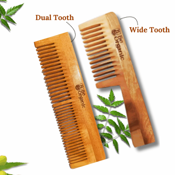 Be Organic kachi Neem oil treated comb, Combo of Two- Handle Comb and Dual Tooth Comb-Soaked in Herbs like Neem and virgin coconut oil for Multi-action to Hairs. ASIN - Image 2